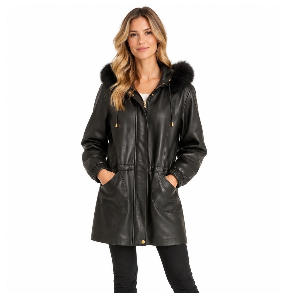 Worthington Women's Genuine Lambskin Leather Black Fur Trim Hooded Jacket Size L